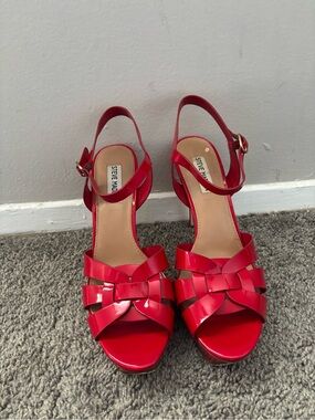 Steve Madden Red Patent Knotted Strappy Platform Heels
